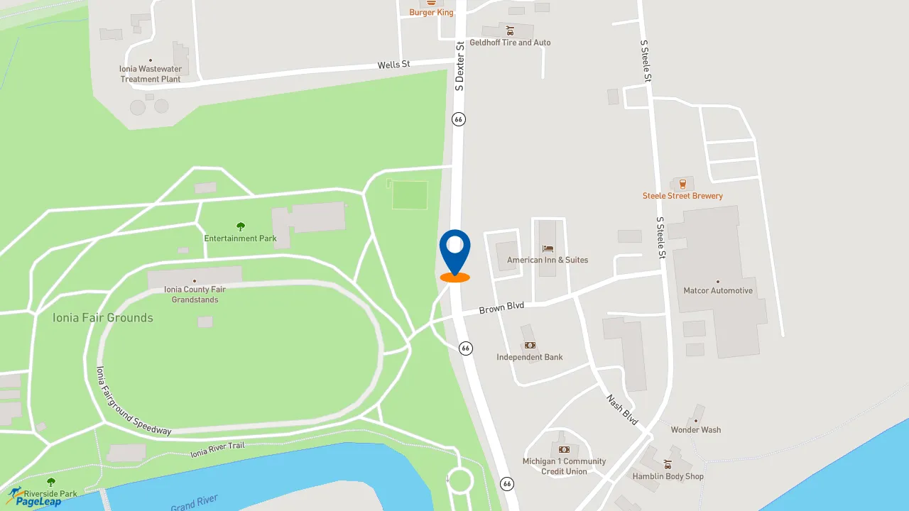 https://pageleap.com map showing location of Domino&#039;s Pizza in Ionia.