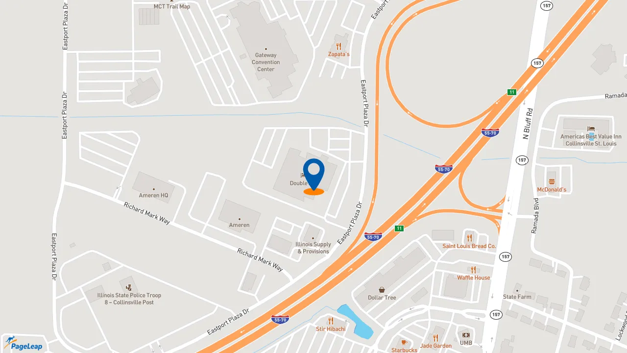 https://pageleap.com map showing location of DoubleTree by Hilton Hotel Collinsville - St. Louis in Collinsville.