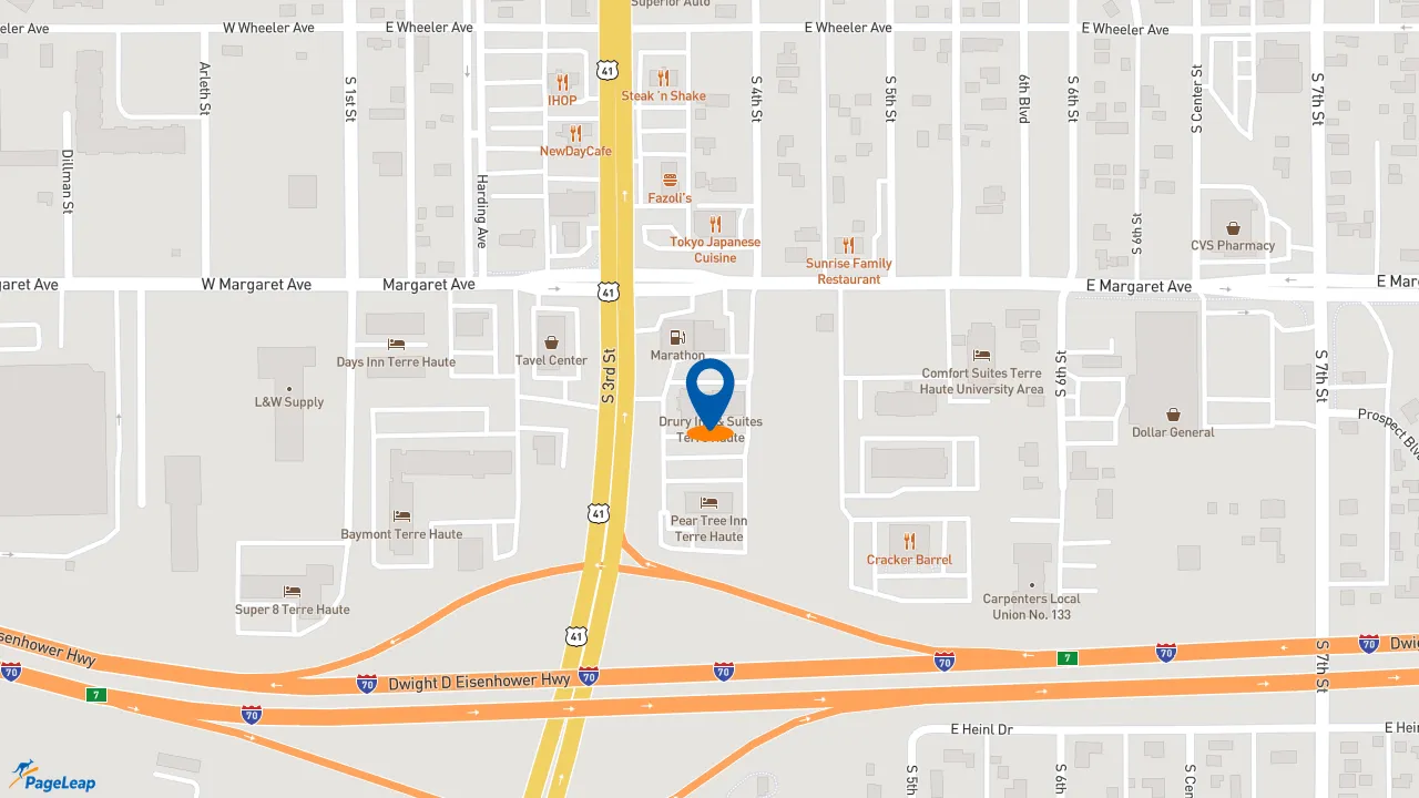https://pageleap.com map showing location of Drury Inn &amp; Suites Terre Haute in Terre Haute.