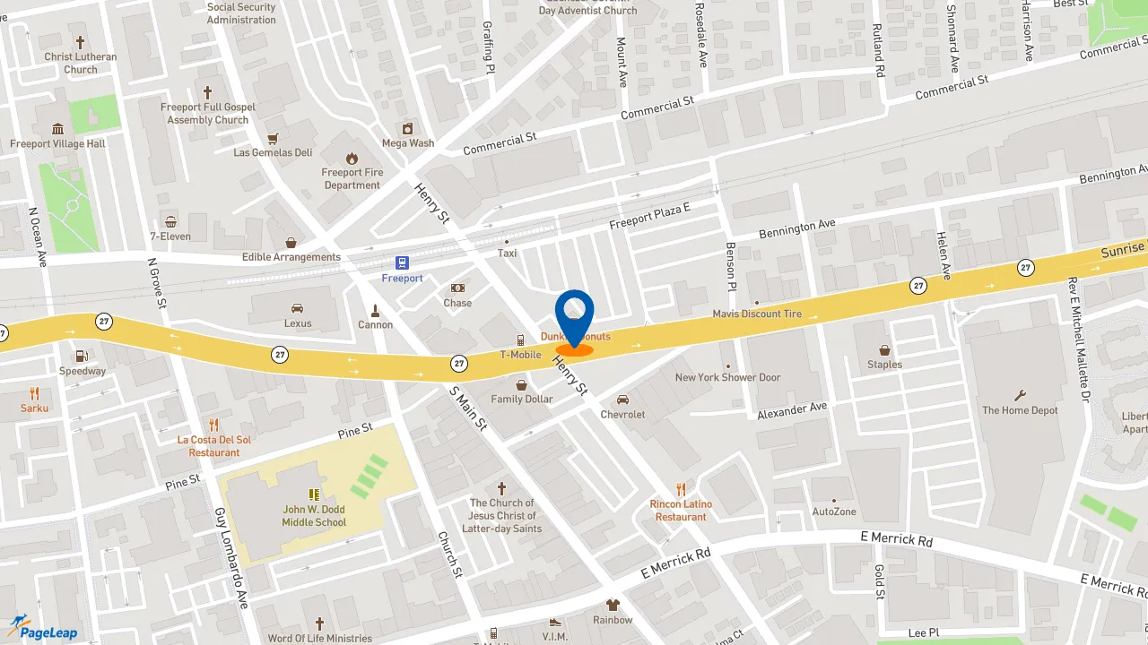 https://pageleap.com map showing location of Dunkin&#039; in Freeport.