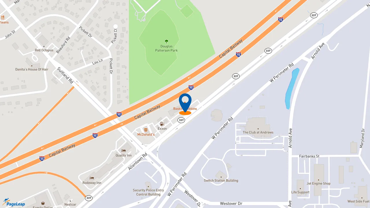 https://pageleap.com map showing location of Dunkin&#039; in Suitland.