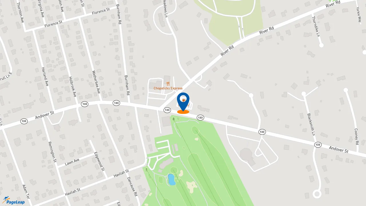 https://pageleap.com map showing location of Dunkin&#039; in Tewksbury.