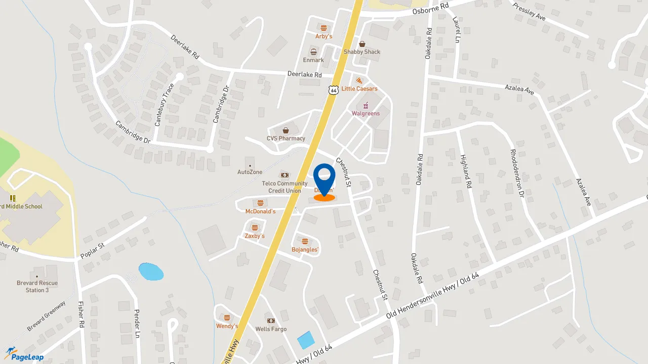 PageLeap.com map showing location of Dunkin' in Brevard.