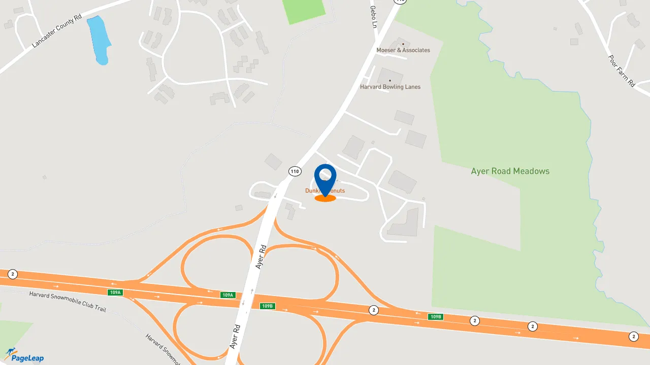 https://pageleap.com map showing location of Dunkin&#039; in Harvard.