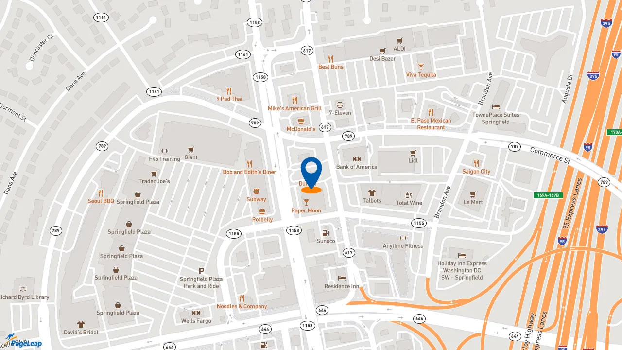 https://pageleap.com map showing location of Dunkin&#039; in Springfield.