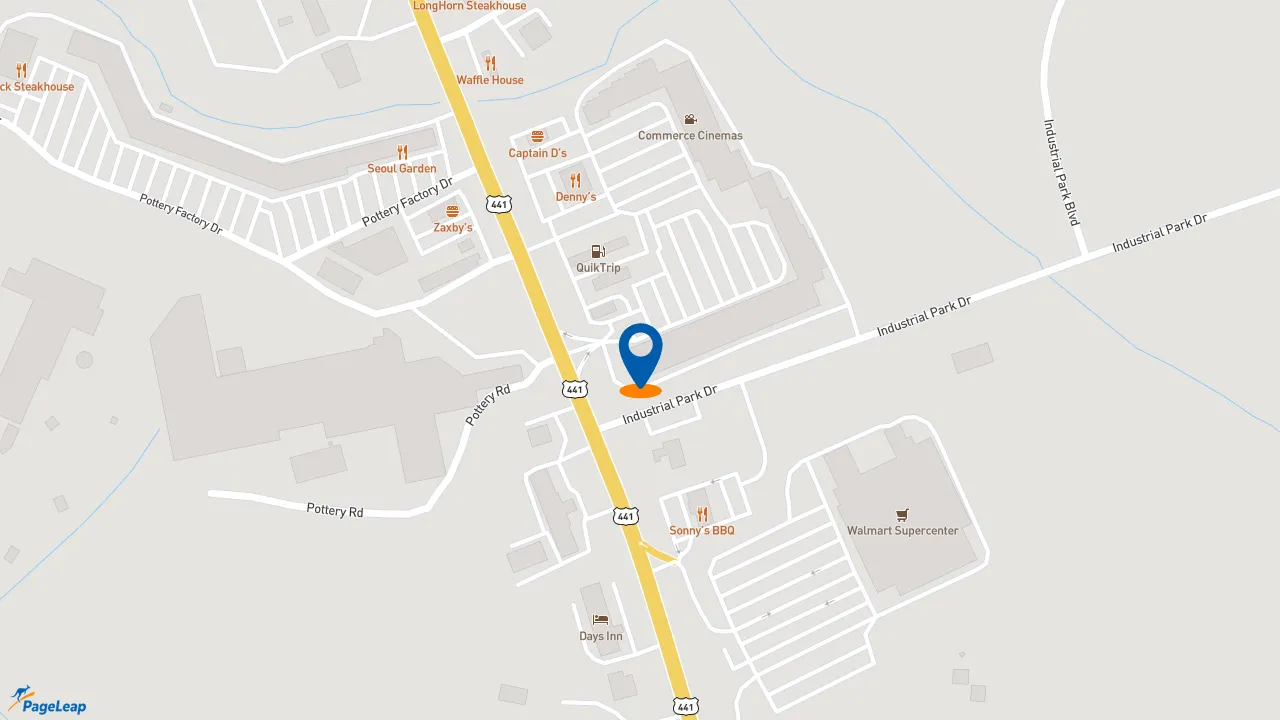 https://pageleap.com map showing location of Dunkin&#039; in Commerce.