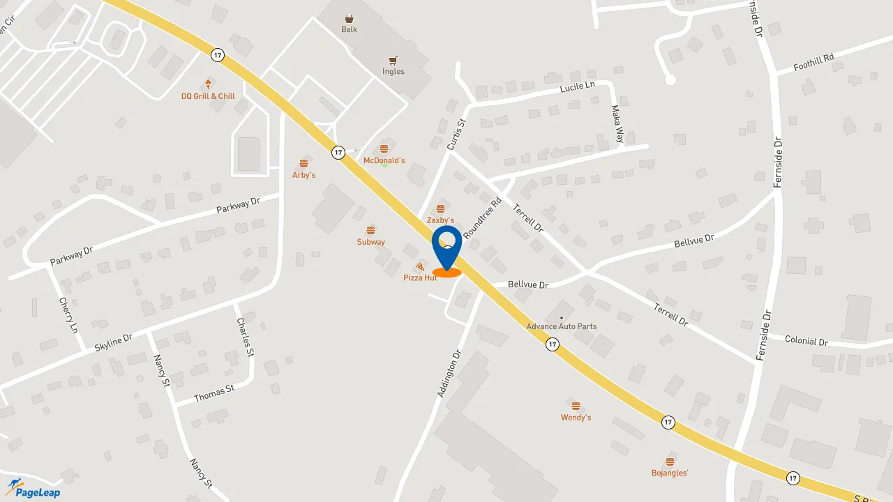 https://pageleap.com map showing location of Dunkin&#039; in Toccoa.