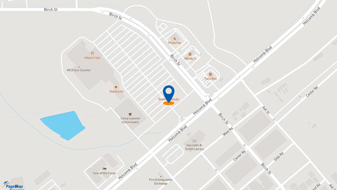 https://pageleap.com map showing location of Dunkin&#039; in Marine Corps Base Camp Lejeune.