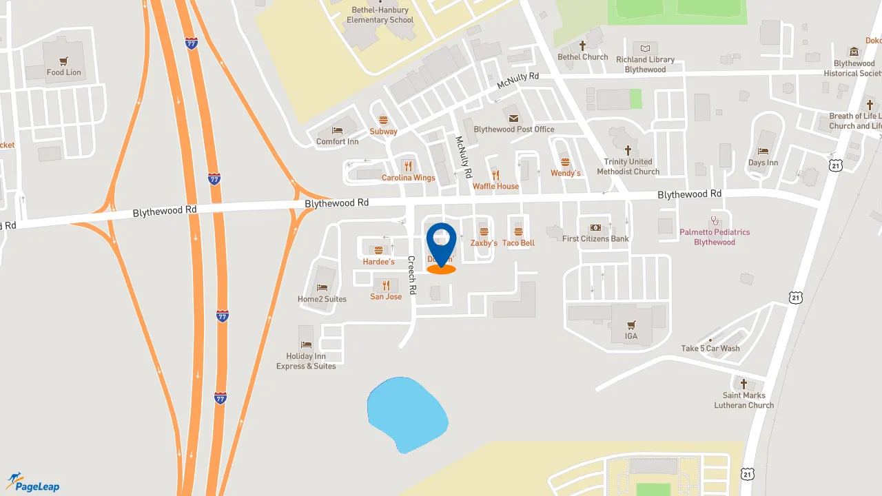 https://pageleap.com map showing location of Dunkin&#039; in Blythewood.