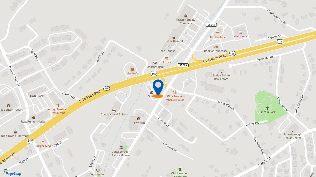 https://pageleap.com map showing location of Dunkin&#039; in Jonesborough.