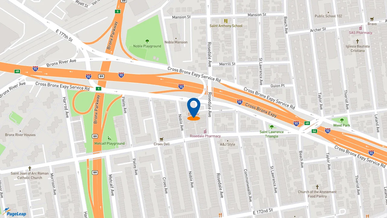 https://pageleap.com map showing location of Dunkin&#039; in Bronx.
