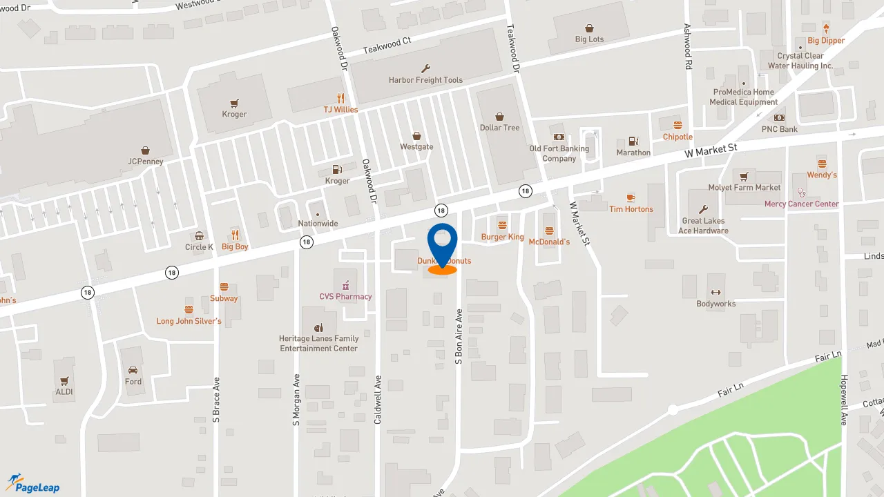 https://pageleap.com map showing location of Dunkin&#039; in Tiffin.