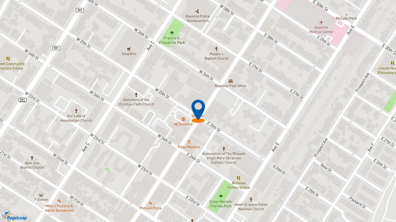 https://pageleap.com map showing location of Dunkin&#039; in Bayonne.