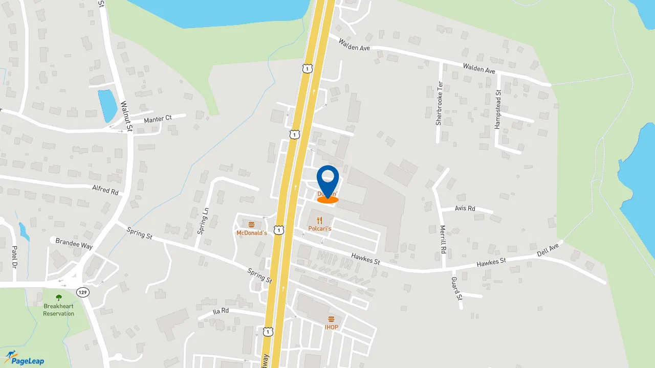 https://pageleap.com map showing location of Dunkin&#039; in Saugus.