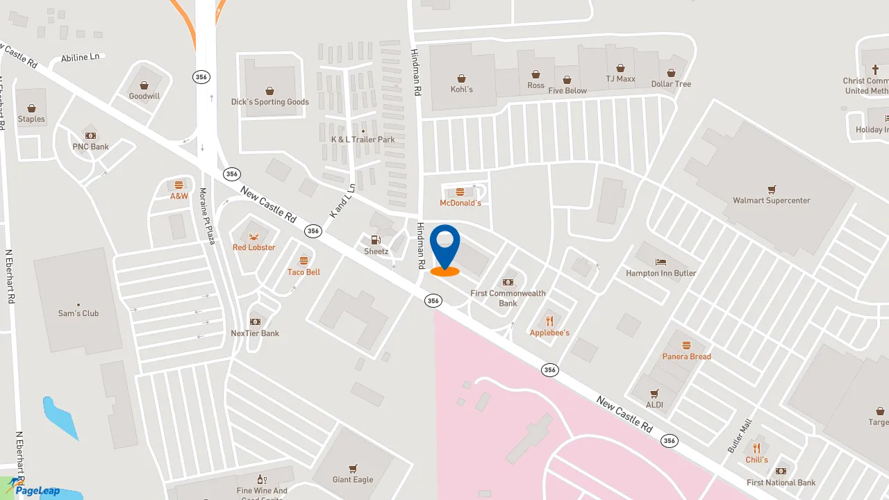 https://pageleap.com map showing location of Dunkin&#039; in Butler.