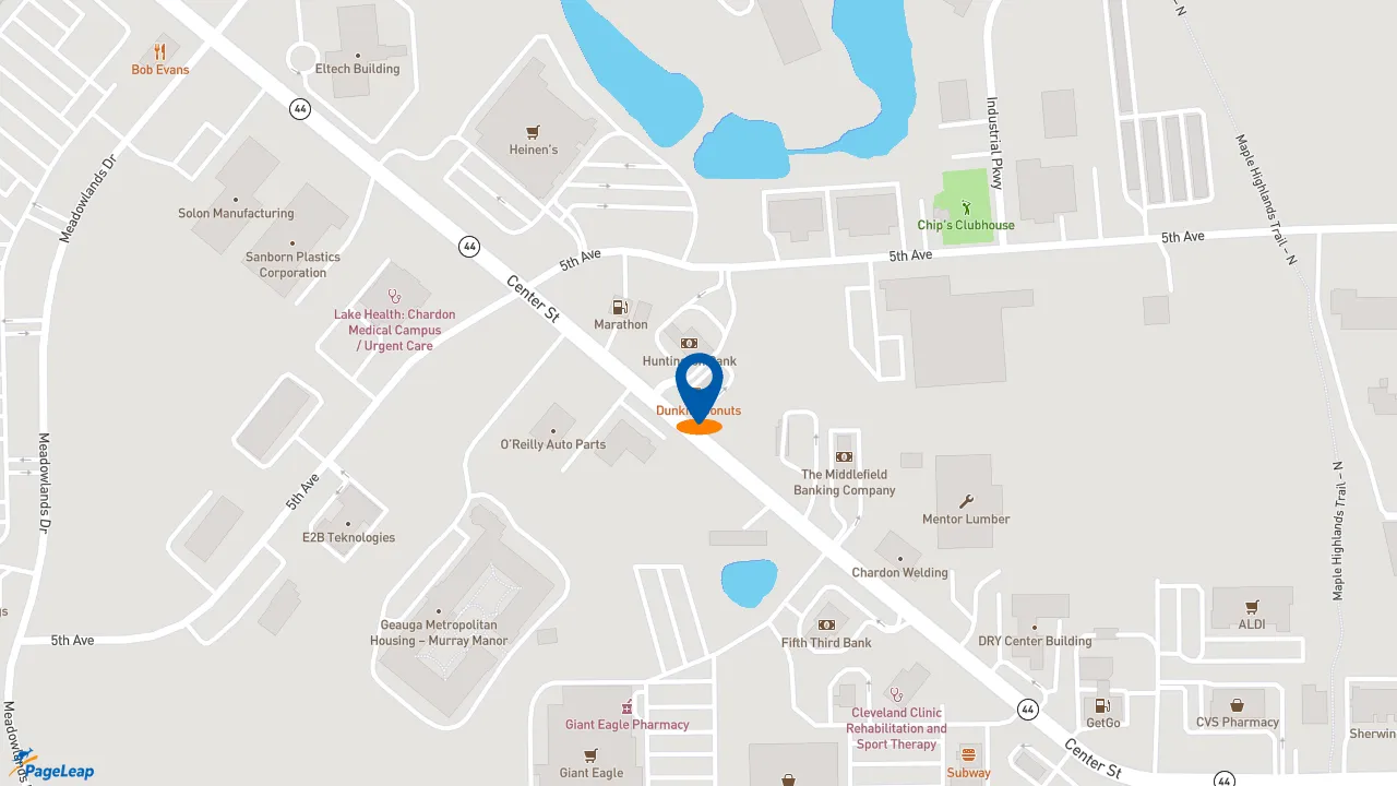 https://pageleap.com map showing location of Dunkin&#039; in Chardon.