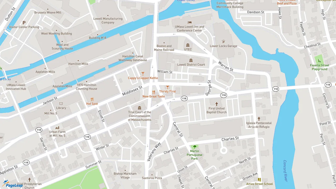 https://pageleap.com map showing location of Dunkin&#039; in Lowell.