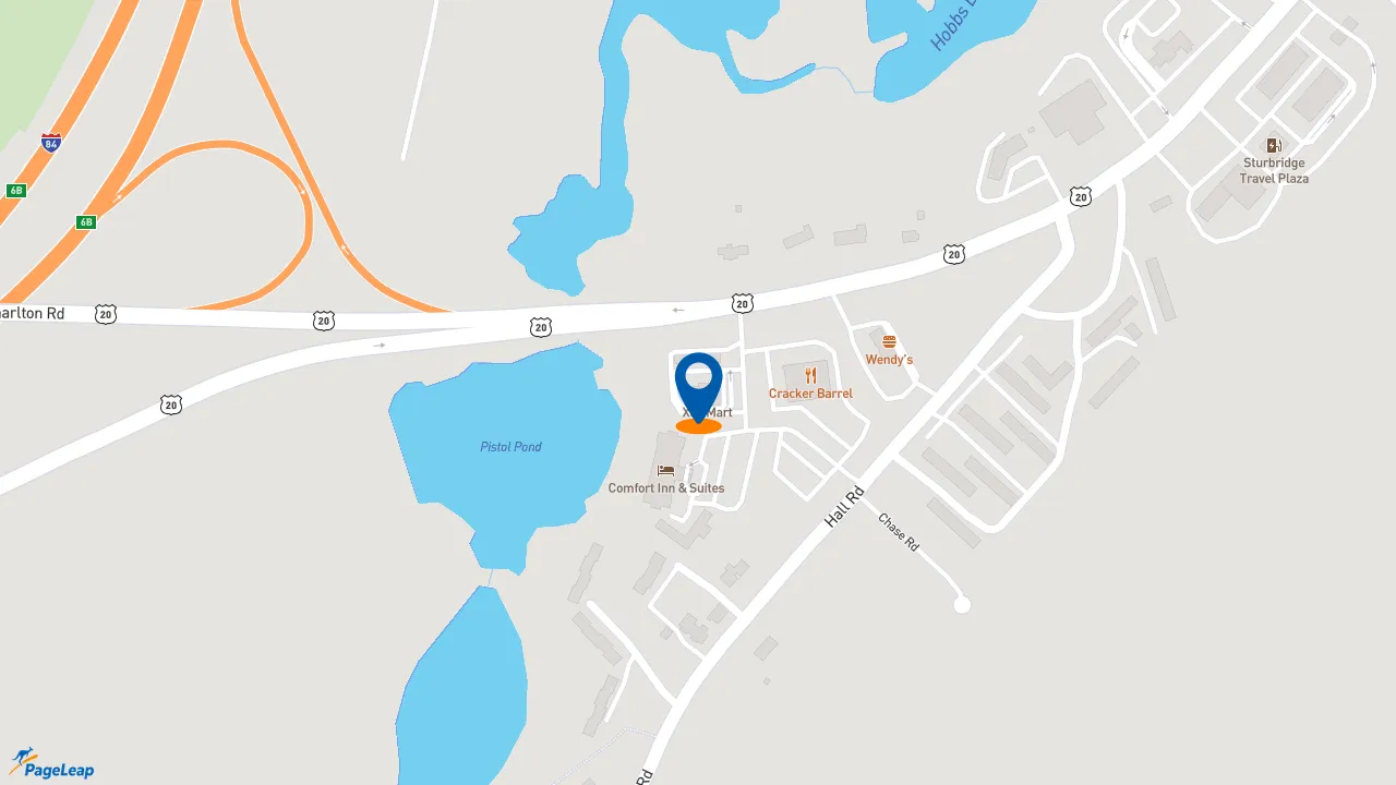 https://pageleap.com map showing location of Dunkin&#039; in Sturbridge.