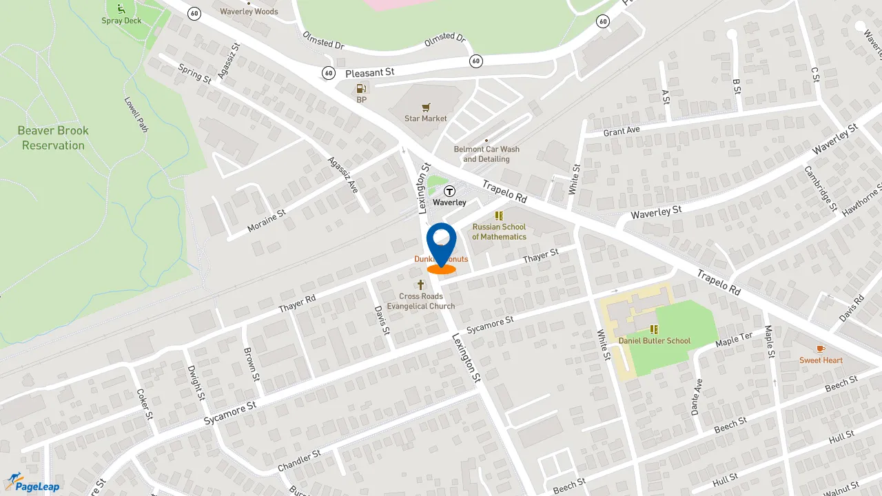 https://pageleap.com map showing location of Dunkin&#039; in Belmont.