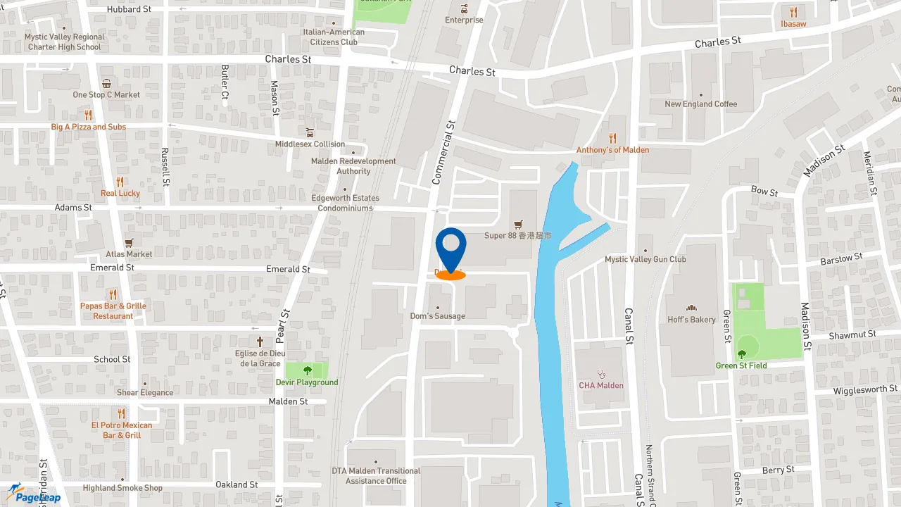 https://pageleap.com map showing location of Dunkin&#039; in Malden.