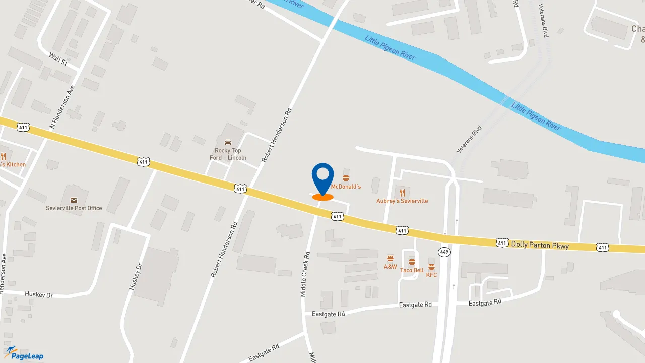 https://pageleap.com map showing location of Dunkin&#039; in Sevierville.