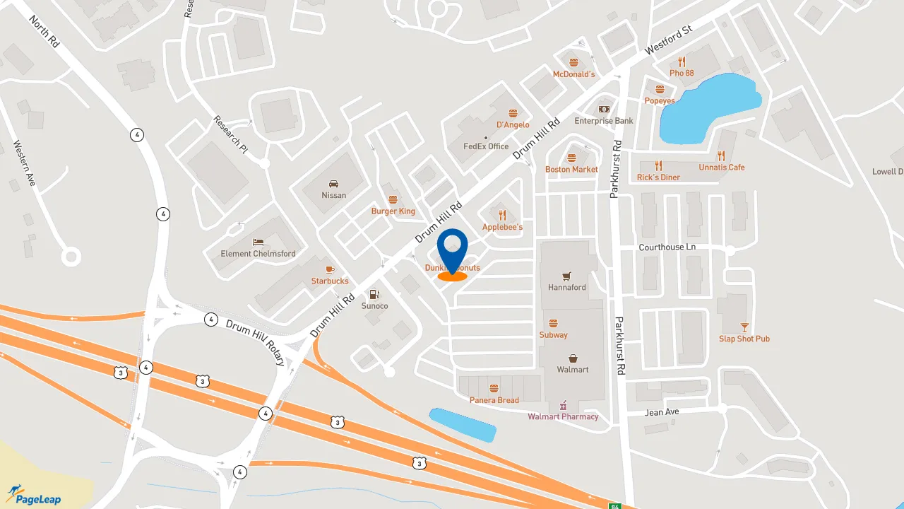 https://pageleap.com map showing location of Dunkin&#039; in Chelmsford.