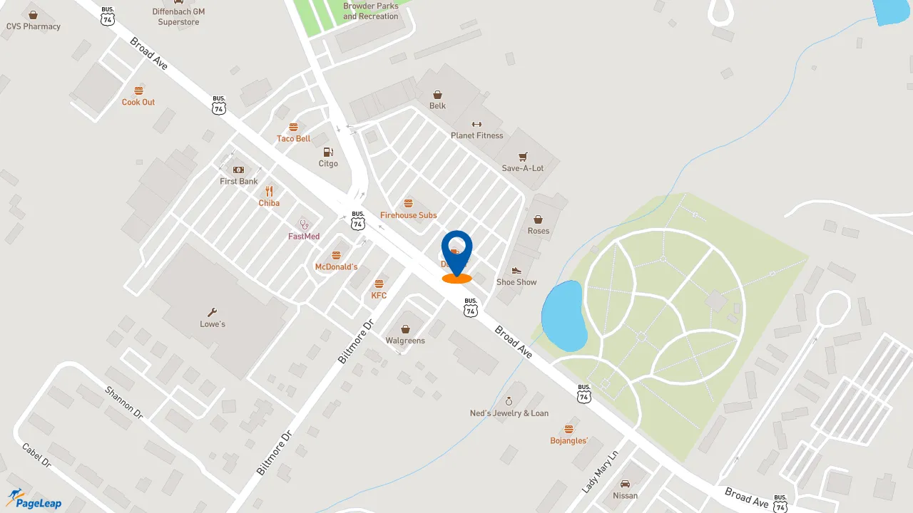https://pageleap.com map showing location of Dunkin&#039; in Rockingham.