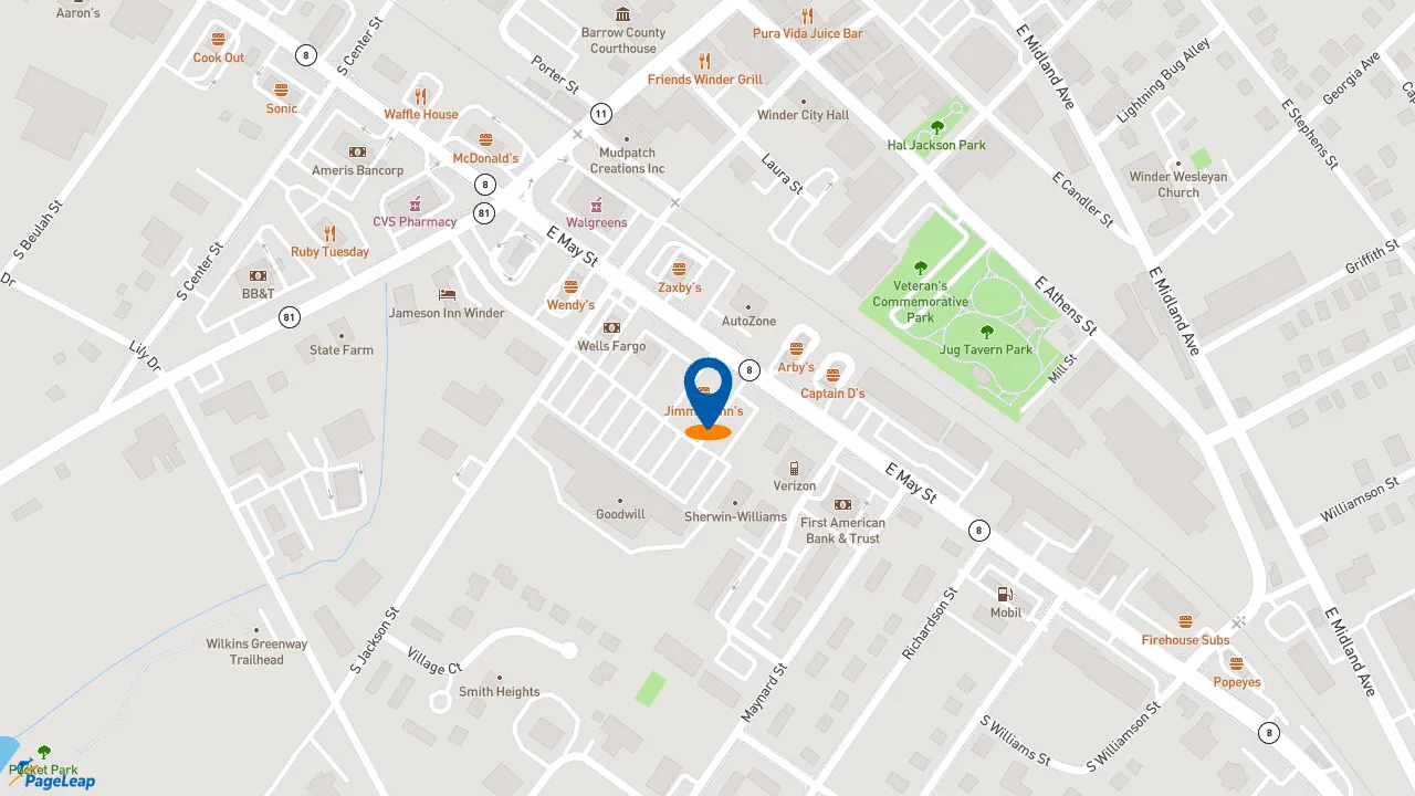 https://pageleap.com map showing location of Dunkin&#039; in Winder.