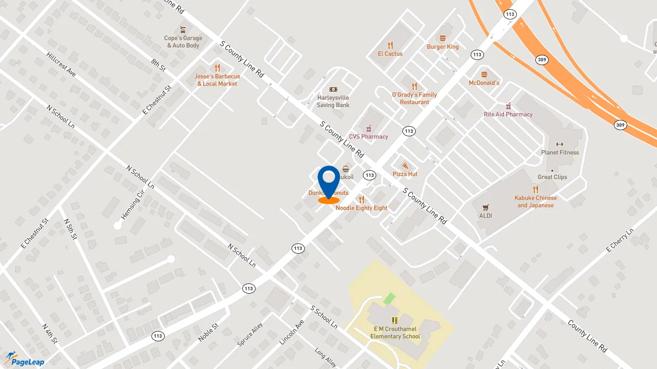 https://pageleap.com map showing location of Dunkin&#039; in Souderton.
