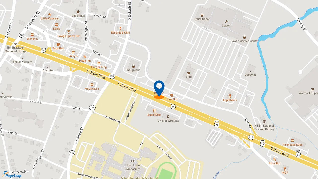 https://pageleap.com map showing location of Dunkin&#039; in Shelby.