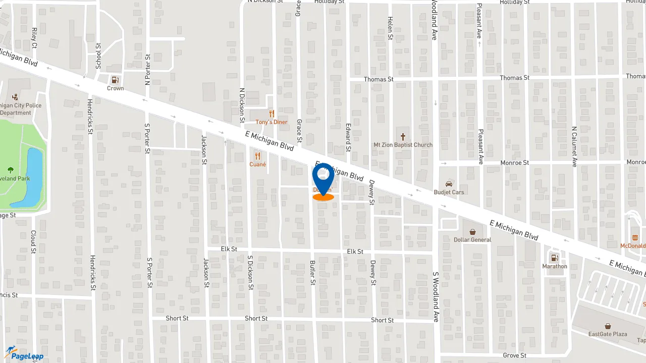 https://pageleap.com map showing location of Dunkin&#039; in Michigan City.