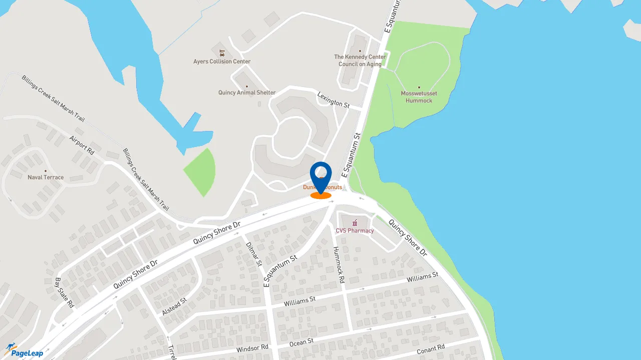 https://pageleap.com map showing location of Dunkin&#039; in Quincy.
