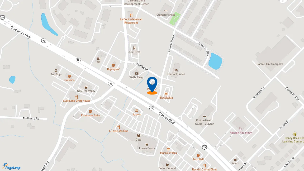 https://pageleap.com map showing location of Dunkin&#039; in Clayton.