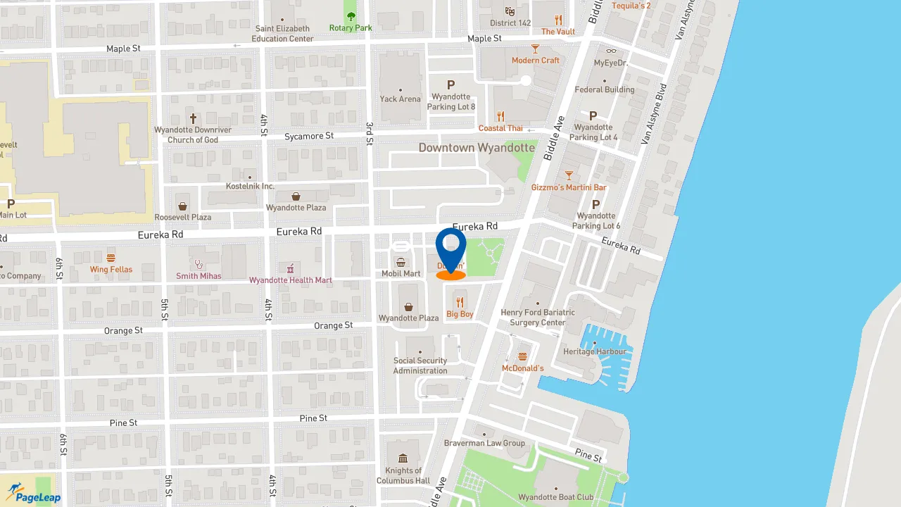 https://pageleap.com map showing location of Dunkin&#039; in Wyandotte.