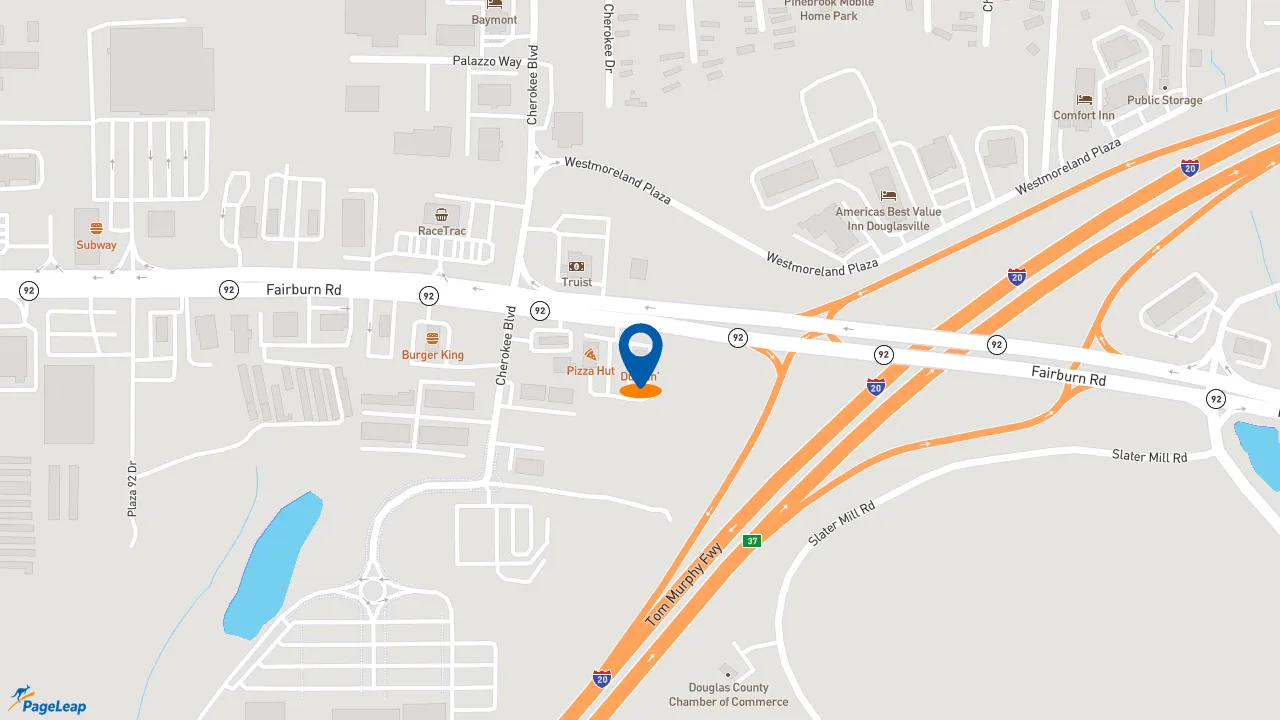 https://pageleap.com map showing location of Dunkin&#039; in Douglasville.