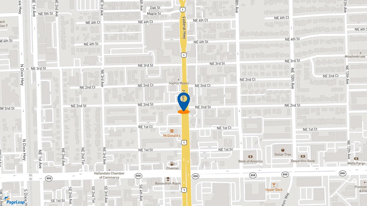 https://pageleap.com map showing location of Dunkin&#039; in Hallandale Beach.