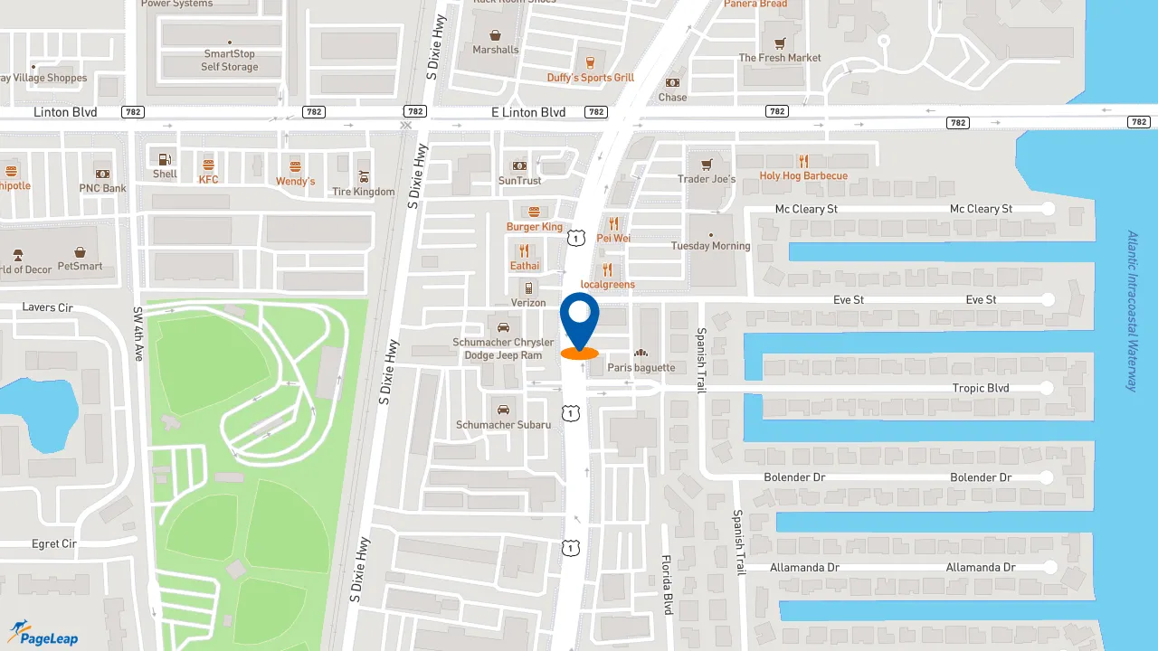 https://pageleap.com map showing location of Dunkin&#039; in Delray Beach.