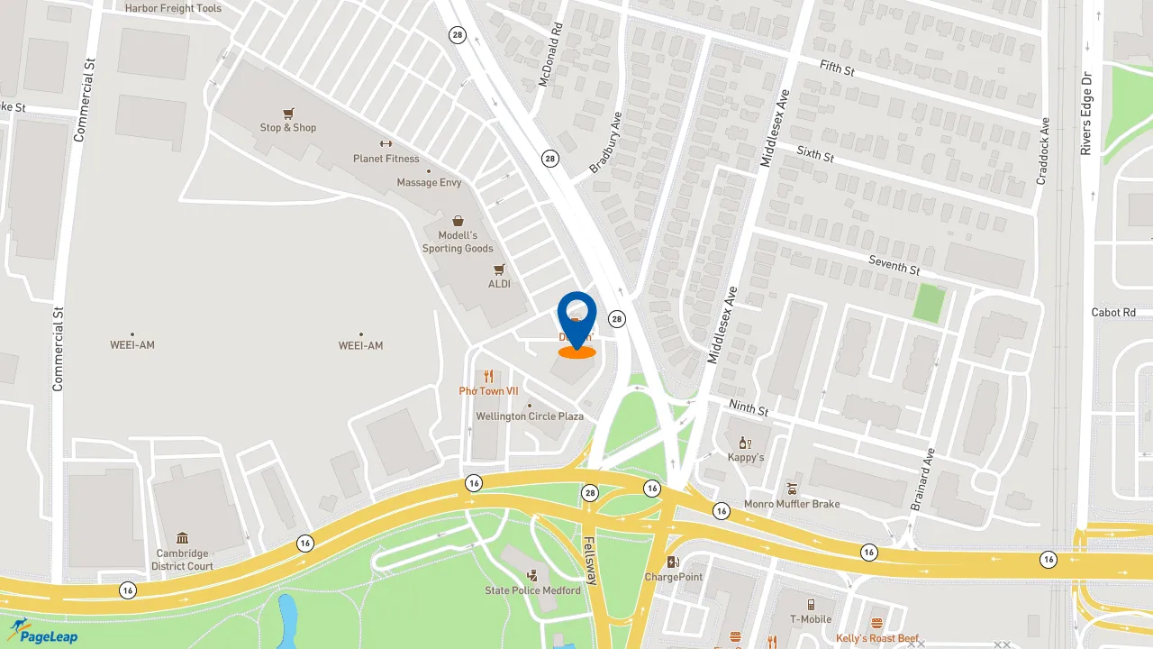 https://pageleap.com map showing location of Dunkin&#039; in Medford.