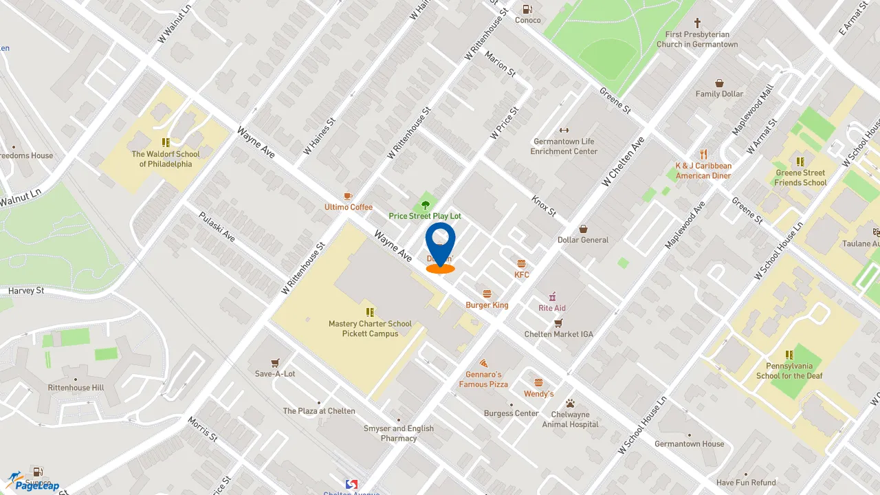 https://pageleap.com map showing location of Dunkin&#039; in Philadelphia.