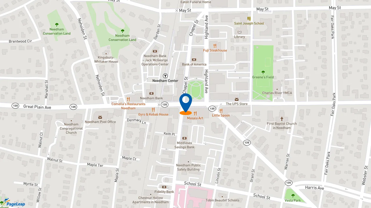 https://pageleap.com map showing location of Dunkin&#039; in Needham.