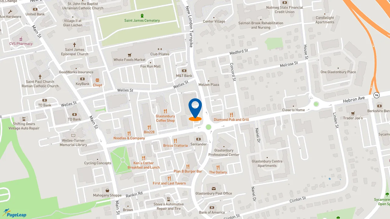 https://pageleap.com map showing location of Dunkin&#039; in Glastonbury.