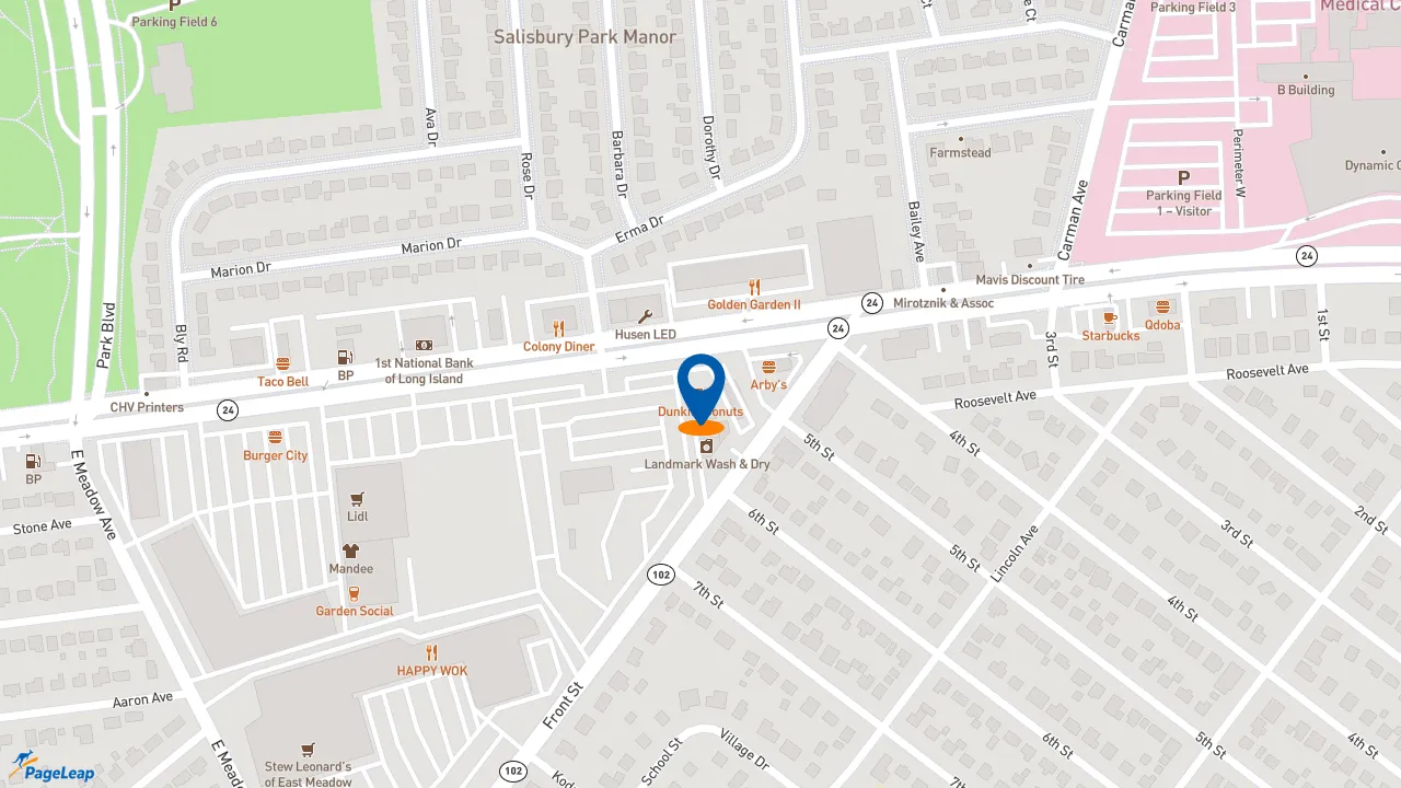 https://pageleap.com map showing location of Dunkin&#039; in East Meadow.