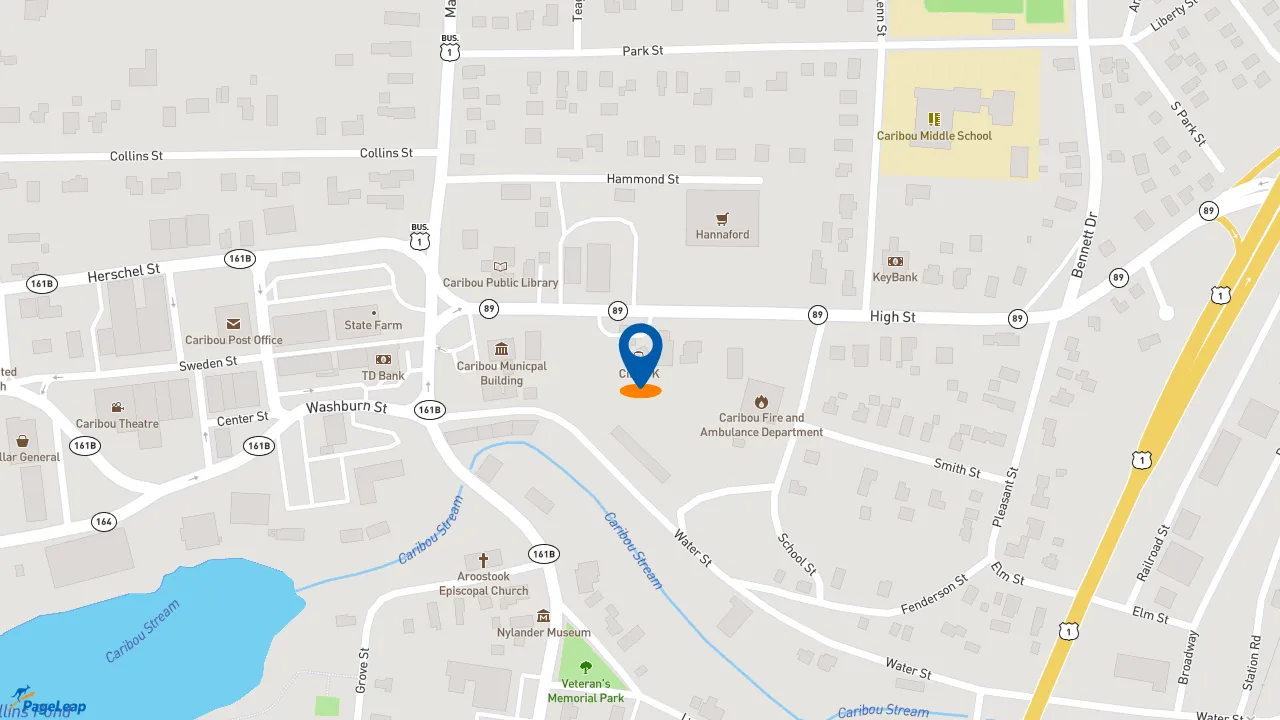 https://pageleap.com map showing location of Dunkin&#039; in Caribou.