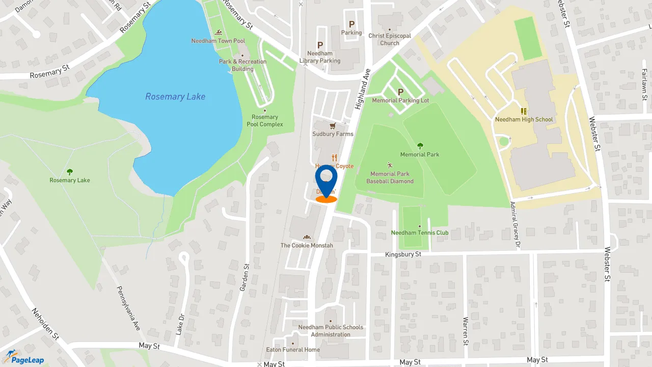 https://pageleap.com map showing location of Dunkin&#039; in Needham.