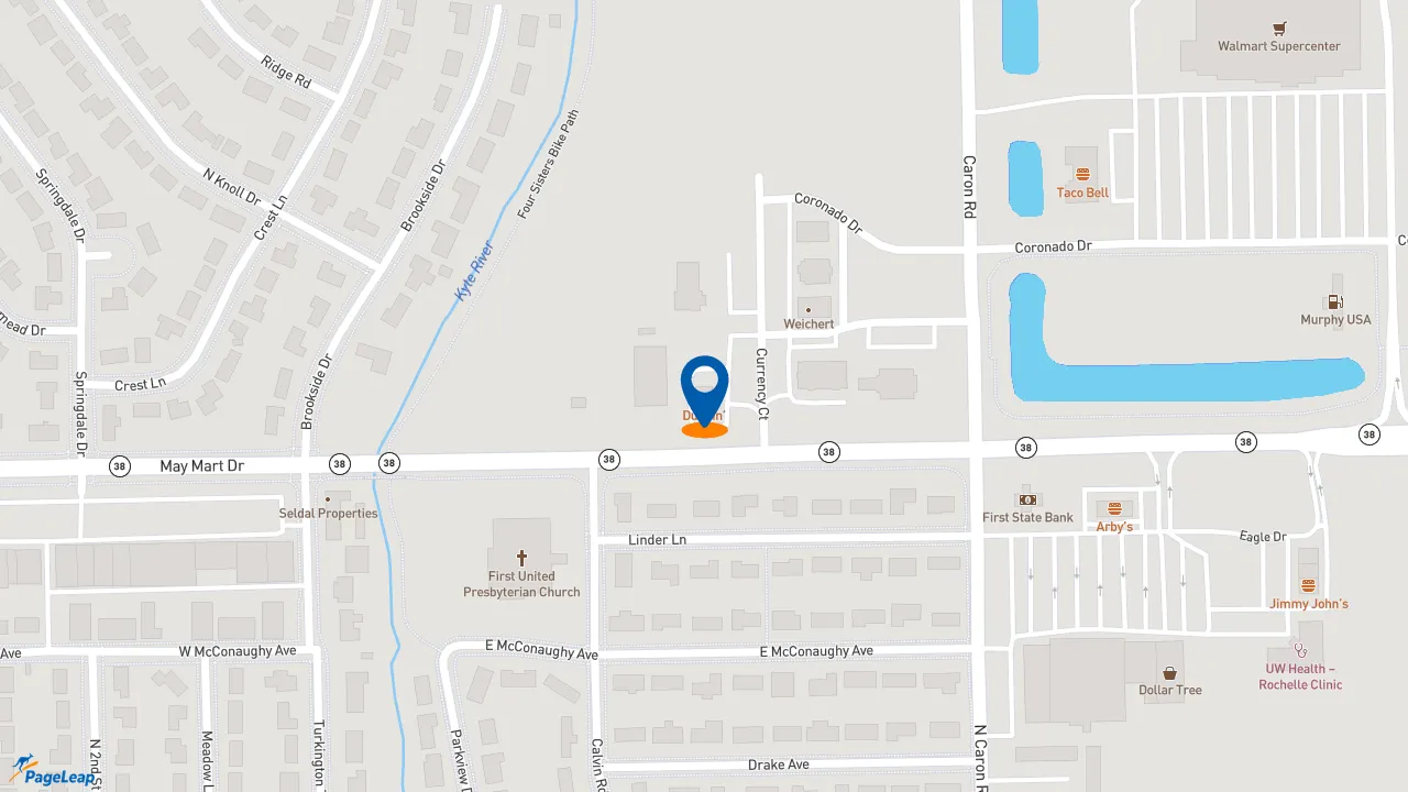 https://pageleap.com map showing location of Dunkin&#039; in Rochelle.