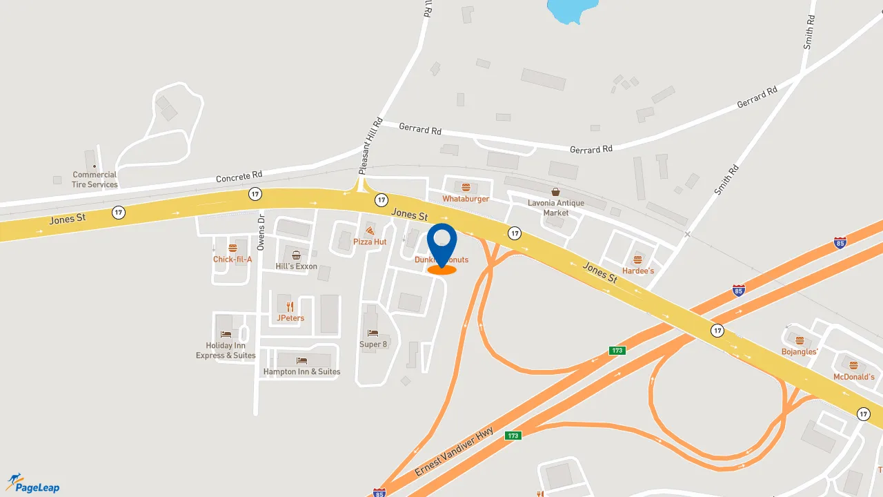 https://pageleap.com map showing location of Dunkin&#039; in Lavonia.