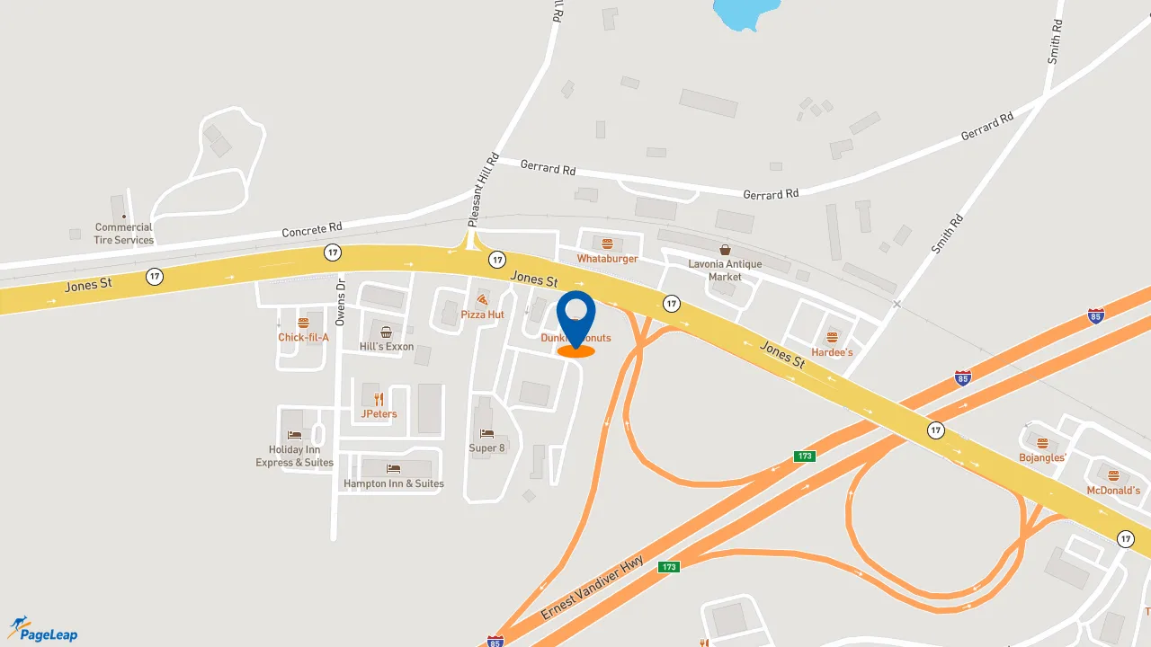https://pageleap.com map showing location of Dunkin&#039; in Lavonia.
