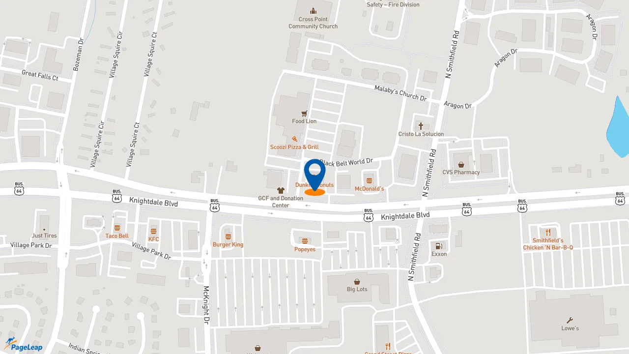 https://pageleap.com map showing location of Dunkin&#039; in Knightdale.