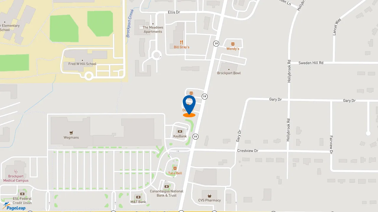 https://pageleap.com map showing location of Dunkin&#039; in Brockport.
