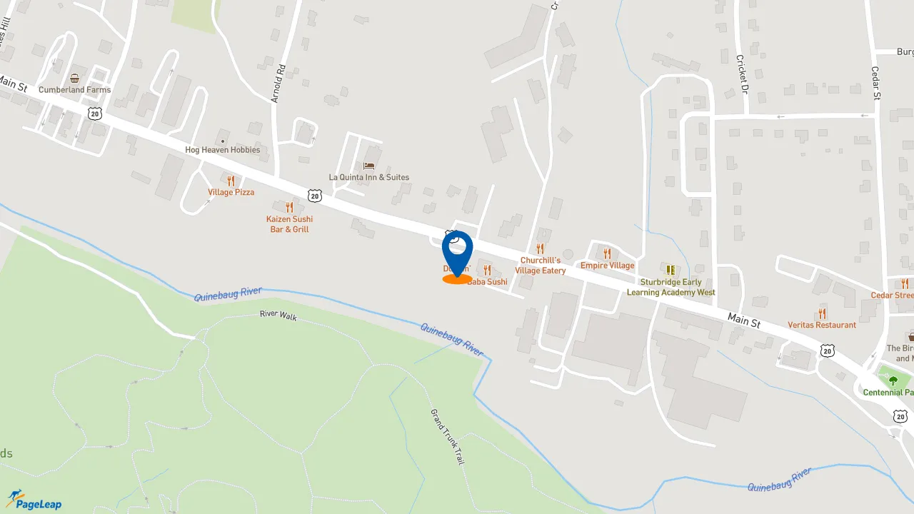 https://pageleap.com map showing location of Dunkin&#039; in Sturbridge.